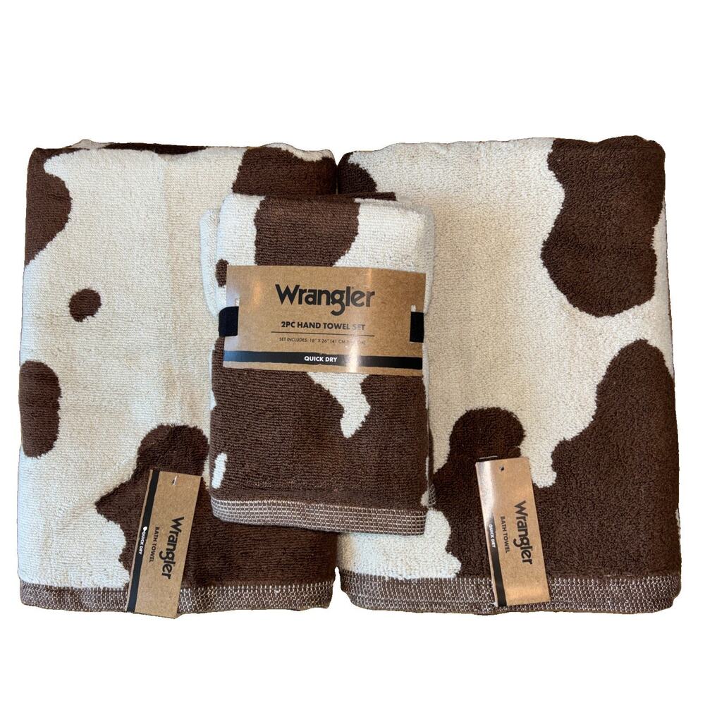 Wrangler Quick Dry Cowhide Western 2 Bath 2 Hand Towels Pasture Brown Western